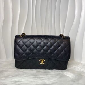 CHANEL Classic Flap Jumbo Bag Black Caviar Leather with Gold Hardware